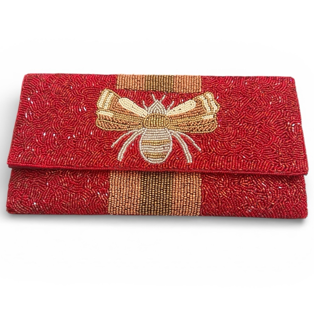 Boutique purchased-Red Beaded Clutch/Crossbody with Gold Bee Design-NWOT